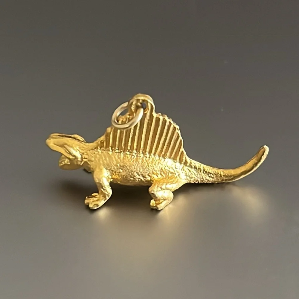 Shiny Gold Tone Dimetrodon Dinosaur Bracelet Charm, Necklace Pendant, Key Chain